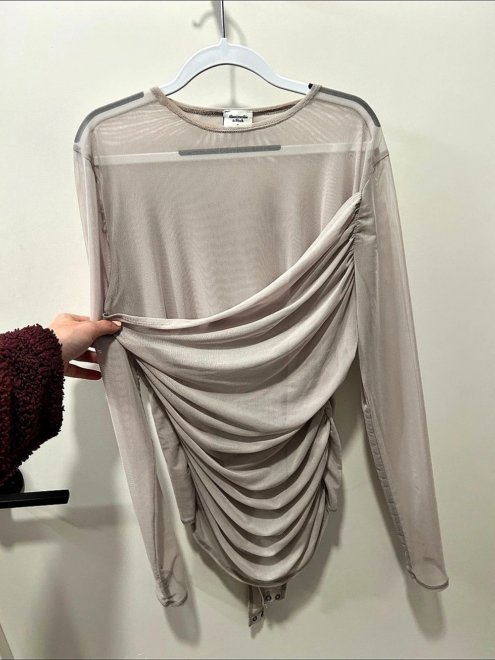 Abercrombie & Fitch Long-Sleeve Asymmetrical Draped Mesh Bodysuit Beige Small